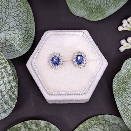 1.86ct VS/E-F Oval and Round Blue Sapphire Halo Earrings