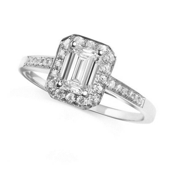 0.65ct VS/F Emerald cut Natural Diamond Halo Shoulder Set Ring
