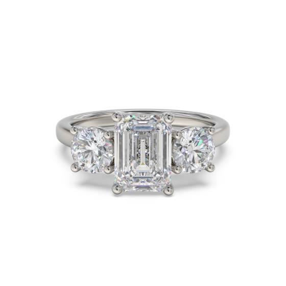 1.63ct VS1/D Emerald and Round Natural Diamond Trilogy Ring