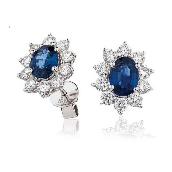 3.09ct VS/F-G Oval Blue Sapphire and Natural Diamond Cluster Earrings