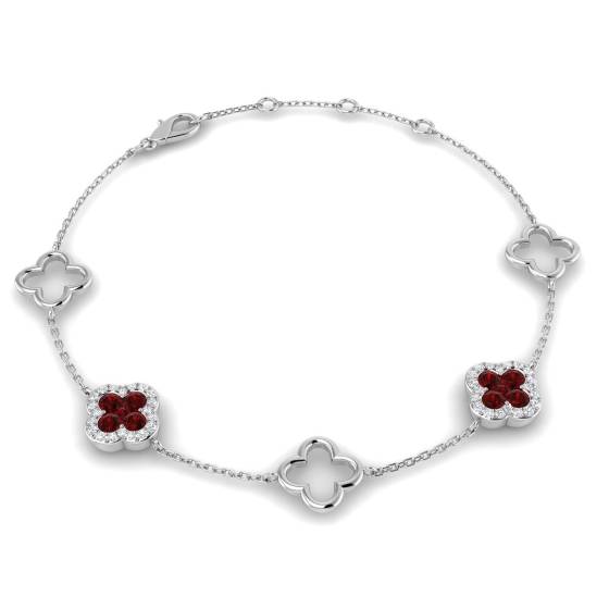 0.85ct SI2/G Round cut Ruby Clover Gemstone Bracelet in 9k White Gold