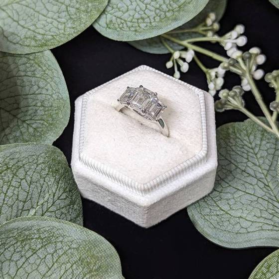 3.20ct VVS/F-G Emerald Cut Lab Grown Trilogy Ring