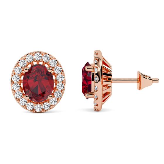 1.10ct Oval Red Ruby and Diamond Halo Earrings