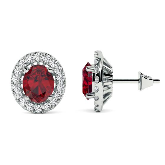 1.10ct Oval Red Ruby and Diamond Halo Earrings
