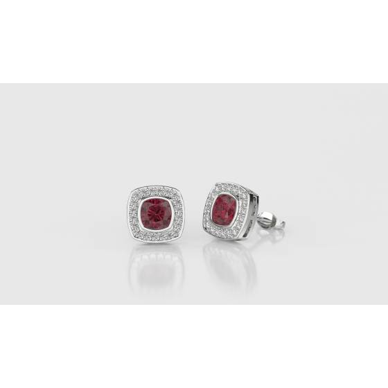 Cushion Ruby and Diamond Bezel Set Cluster Earrings