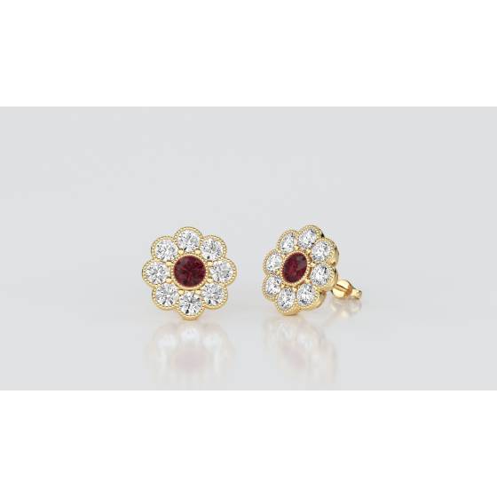 Round Ruby and Diamond Bezel Set Cluster Earrings