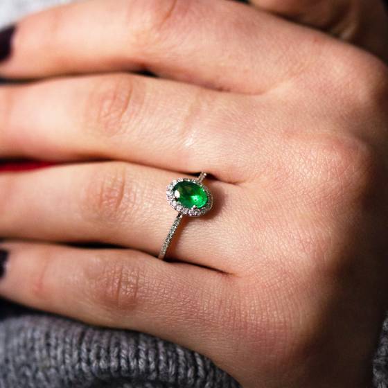 1.10ct Emerald and Diamond Halo Ring