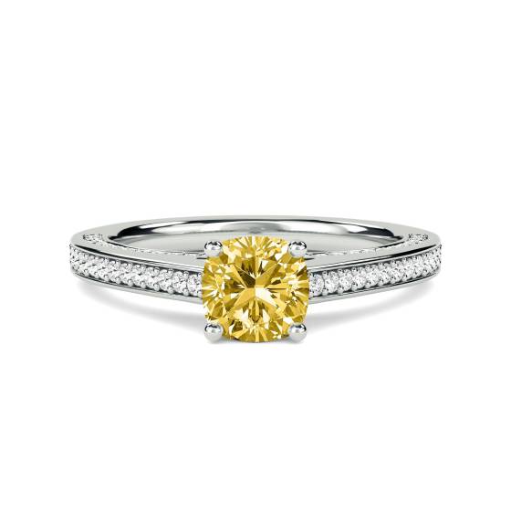 0.75ct VS/FY Cushion Natural Fancy Yellow Diamond Shoulder Set Ring