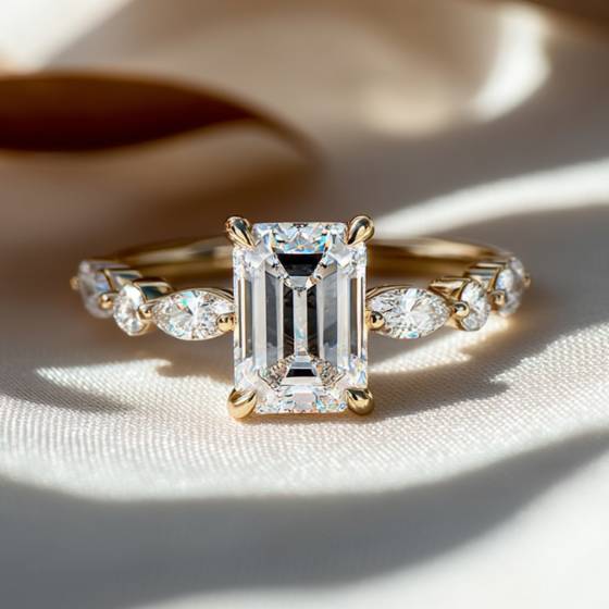 Emerald Diamond Shoulder Set Ring