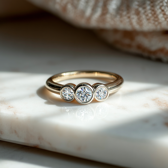 Round Cut Bezel Set Trilogy Ring