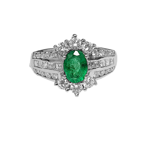 1.60ct VS/F-G Emerald Gemstone and Oval Cut Natural Diamond Designer Ring