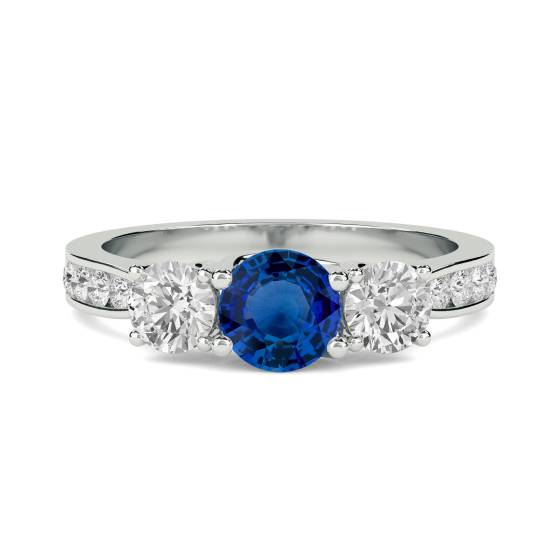 1.20ct SI/F-G Round cut Blue Sapphire Gemstone Trilogy Ring