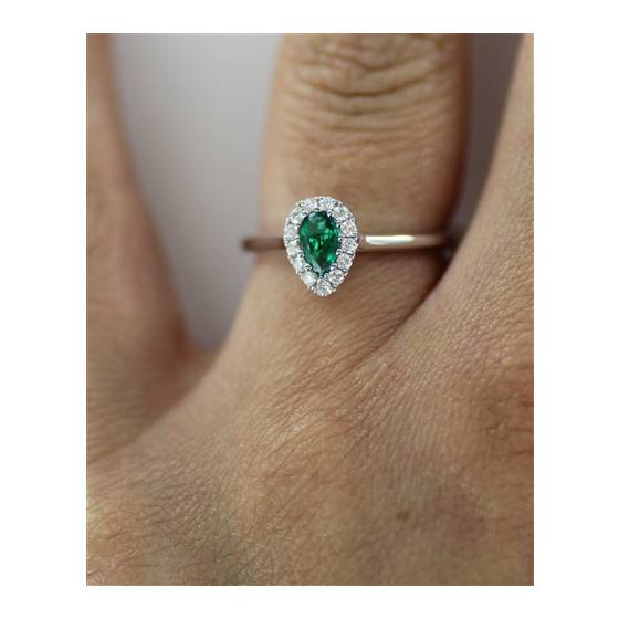 0.75ct Pear Green Emerald and Diamond Halo Ring