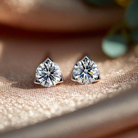 Unique Three Prong Round Diamond Stud Earrings