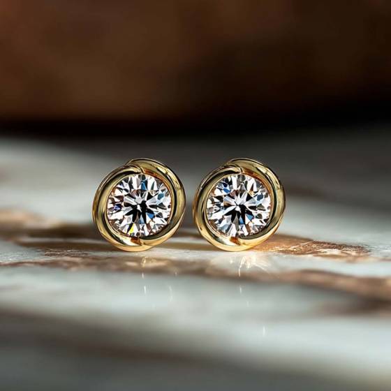 Rosebud Round Diamond Bezel Set Stud Earrings