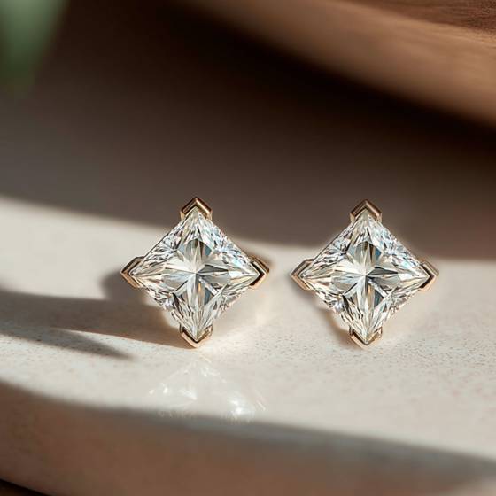 Four Corner Prong Princess Diamond Stud Earrings