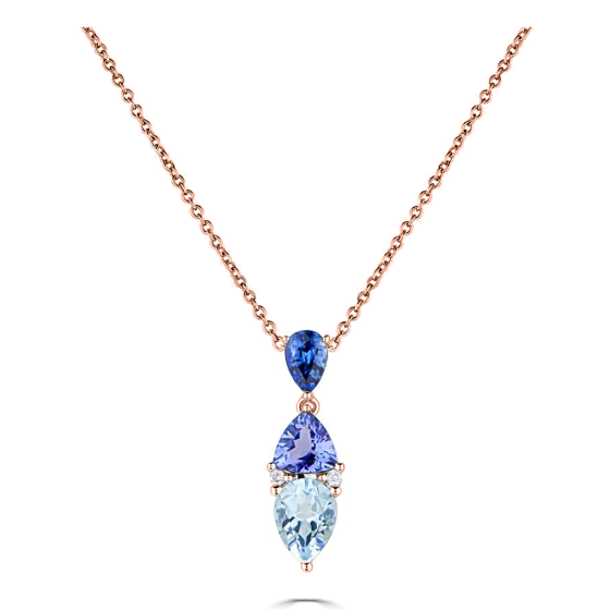 2.30ct Blue Sapphire, Tanzanite and Aquamarine Tonal Blue Pear Drop Necklace