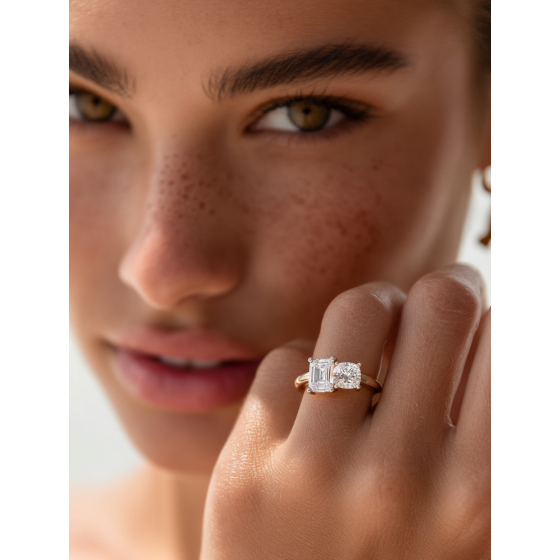 Emerald and Cushion Two Stone Diamond Ring