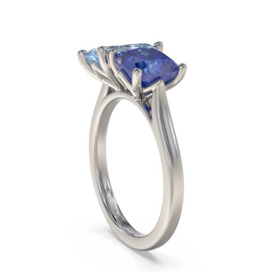 2.00ct Emerald and Cushion Aquamarine and Tanzanite Ring