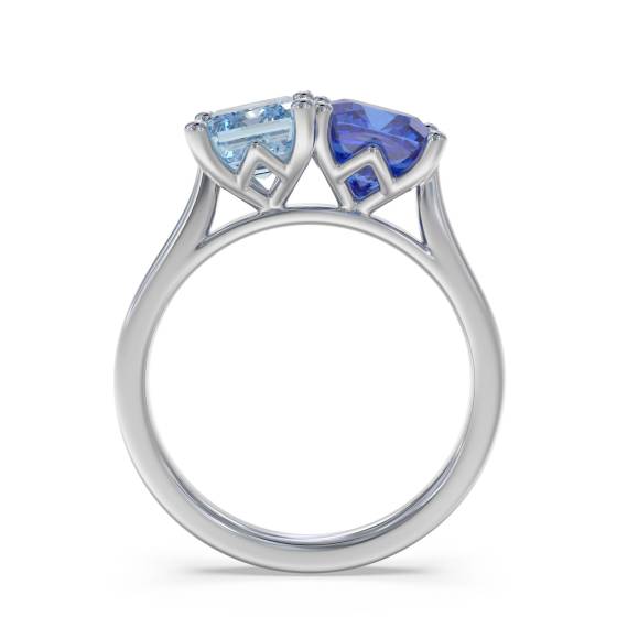 2.00ct Emerald and Cushion Aquamarine and Tanzanite Ring