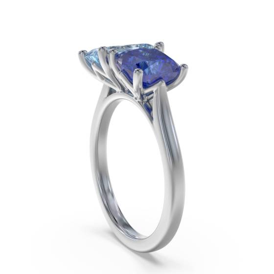 2.00ct Emerald and Cushion Aquamarine and Tanzanite Ring