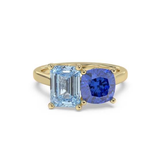 2.00ct Emerald and Cushion Aquamarine and Tanzanite Ring