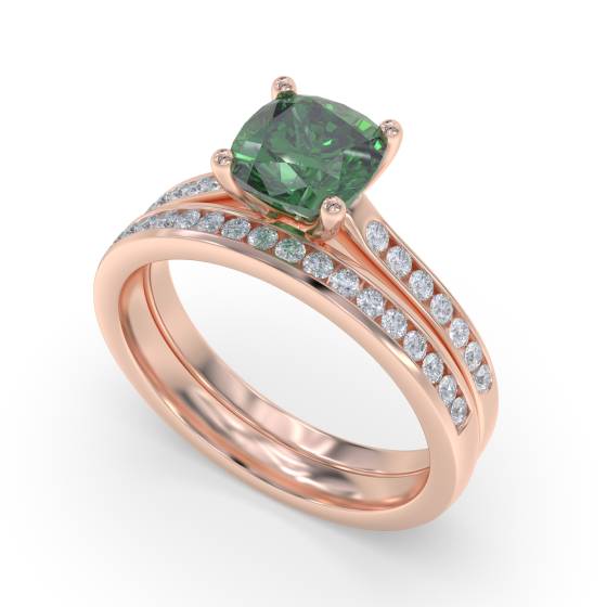 Fancy Emerald Green Cushion Diamond Shoulder Set Ring