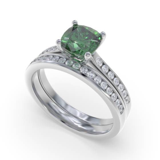 Fancy Emerald Green Cushion Diamond Shoulder Set Ring