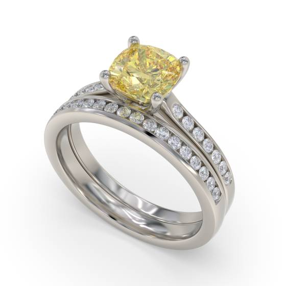 Fancy Yellow Cushion Diamond Shoulder Set Ring