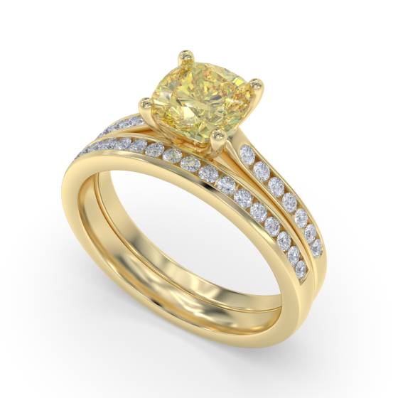 Fancy Yellow Cushion Diamond Shoulder Set Ring