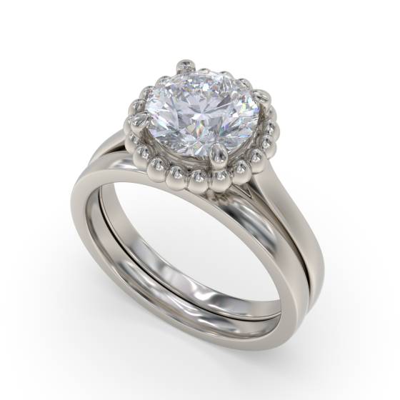 Unique Beaded Halo Round Diamond Designer Ring