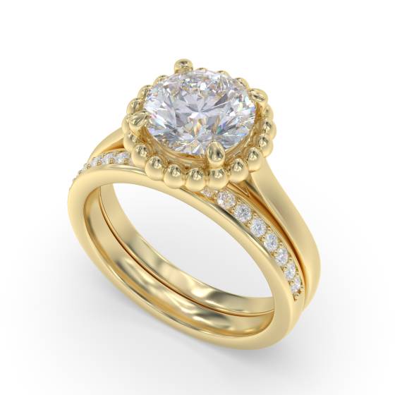 Unique Beaded Halo Round Diamond Designer Ring