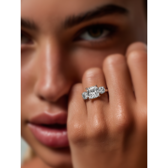 Modern Cushion & Round Diamond Trilogy Ring