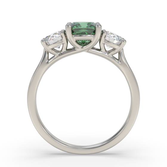 Emerald Green Cushion Diamond Trilogy Ring
