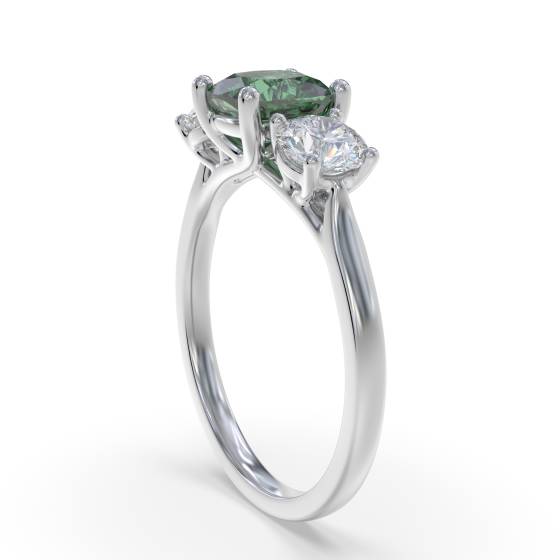 Emerald Green Cushion Diamond Trilogy Ring