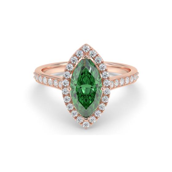 Green Emerald Marquise Shaped Diamond Single Halo Shoulder Set Ring