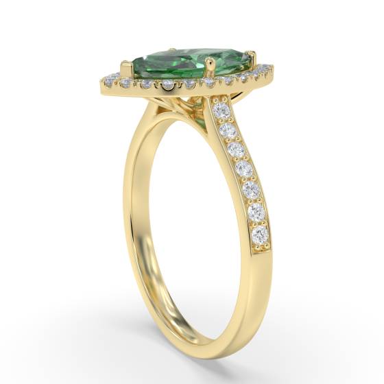 Green Emerald Marquise Shaped Diamond Single Halo Shoulder Set Ring