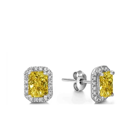 Fancy Yellow Radiant Diamond Halo Earrings
