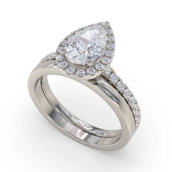 1.25ct Pear Diamond Halo Round Milgrain Side Detail Shoulder Set Ring
