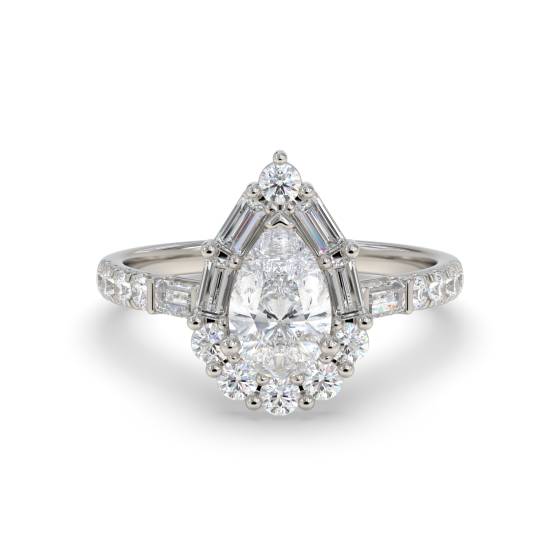 1.00Ct Pear Diamond Halo Baguette And Round With Baguette Sides And Round Shoulder Set Ring