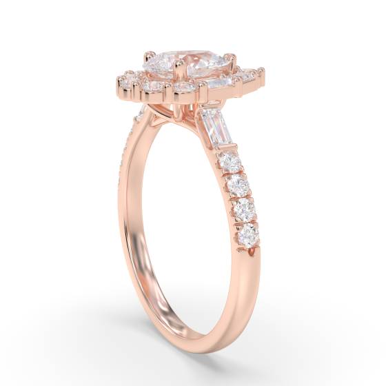 1.00Ct Pear Diamond Halo Baguette And Round With Baguette Sides And Round Shoulder Set Ring