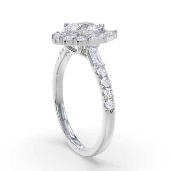 1.00Ct Pear Diamond Halo Baguette And Round With Baguette Sides And Round Shoulder Set Ring