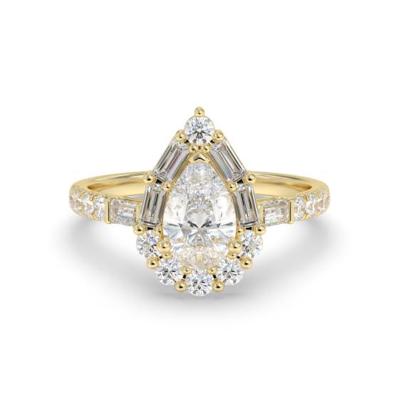1.00Ct Pear Diamond Halo Baguette And Round With Baguette Sides And Round Shoulder Set Ring
