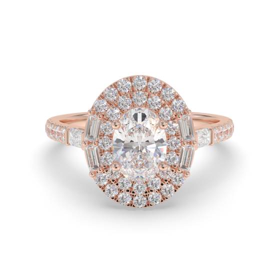 1.00Ct Oval Diamond Double Halo Round And Baguette Side And Shoulder Set Ring