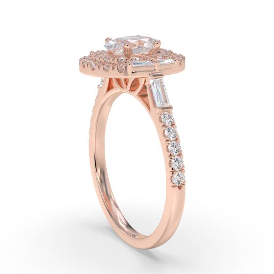 1.00Ct Oval Diamond Double Halo Round And Baguette Side And Shoulder Set Ring