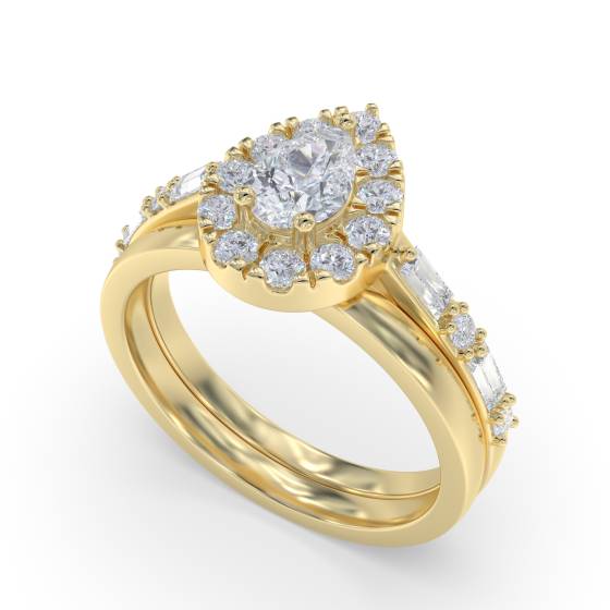 0.75Ct Pear Diamond Halo Baguette And Round Shoulder Set Ring