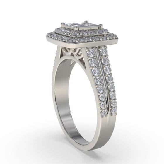 Double Halo Round and Princess Diamond Cluster Shoulder Set Ring