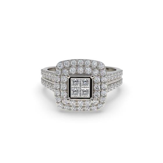 Double Halo Round and Princess Diamond Cluster Shoulder Set Ring