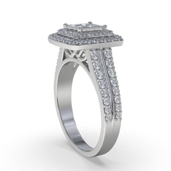 Double Halo Round and Princess Diamond Cluster Shoulder Set Ring