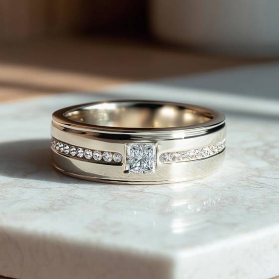 6.5mm Mens Princess and Round Diamond Ring